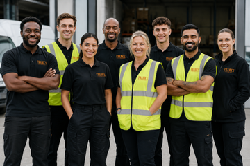 Group of employees in high-visibility vests and black uniforms standing together outdoors.
