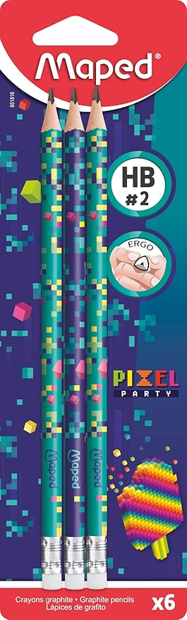 Helix Pixel Party HB 2 Pencils with Eraser Tip - Pack of 6 - ACE Clothing