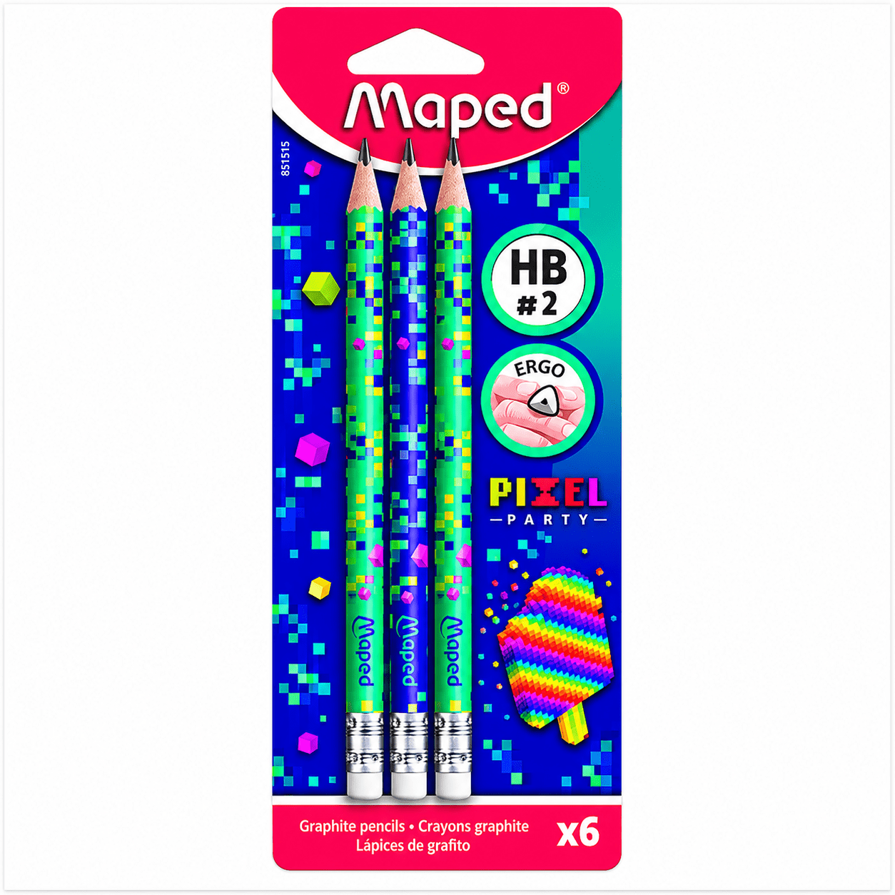 Helix Pixel Party HB 2 Pencils with Eraser Tip - Pack of 6 - ACE Clothing